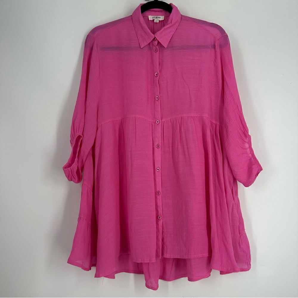 UMGEE Oversized Sheer Hot Pink Button Boho Tiered Shirt Tunic Beach Coverup Sz S